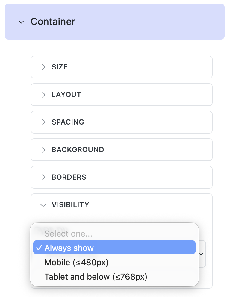Container block Styles panel with the Visibility dropdown open, showing Always show, Mobile (≤480px), and Tablet and below (≤768px)