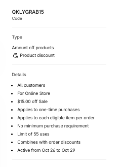 Shopify sidebar summary for discount QKLYGRAB15, listing its type and details