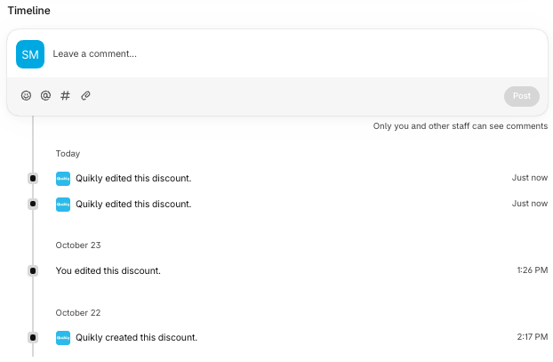 Shopify Timeline showing a Shopify edit followed by two Quikly edits