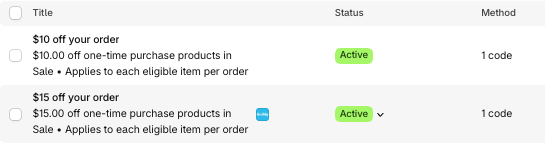 Shopify Discounts list with the Quikly icon shown on the hovered row