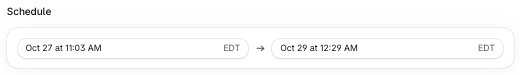 Shopify schedule: start Oct 27 at 11:03 AM, end Oct 29 at 12:29 AM