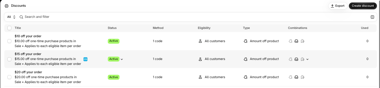 Shopify Discounts list with three Quikly discounts: $10, $15 and $20 off your order