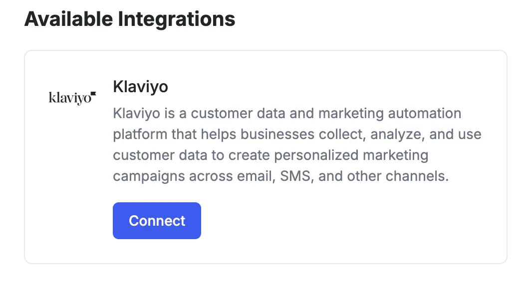 Available Integrations showing Klaviyo with Connect button