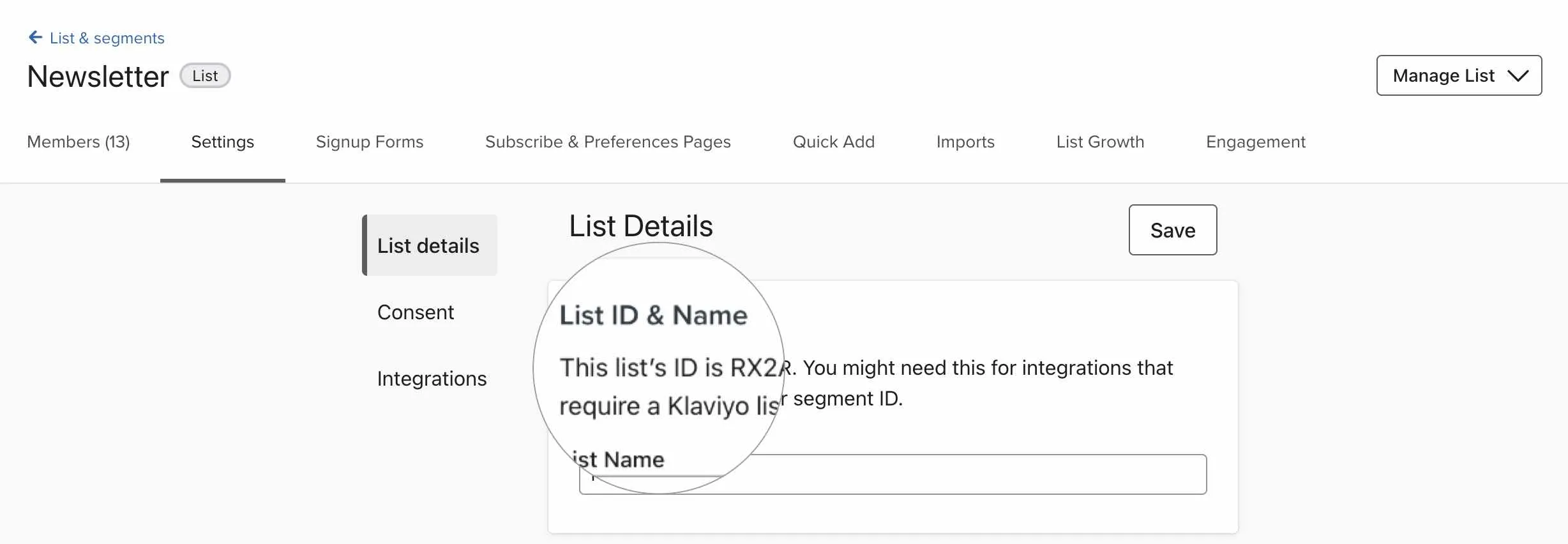 Klaviyo List Details showing List ID