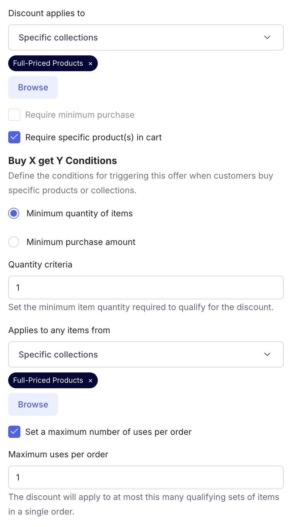 The Quikly offer builder showing a BOGO configured on a full-priced collection, with the new 'Set a maximum number of uses per order' option checked and set to 1
