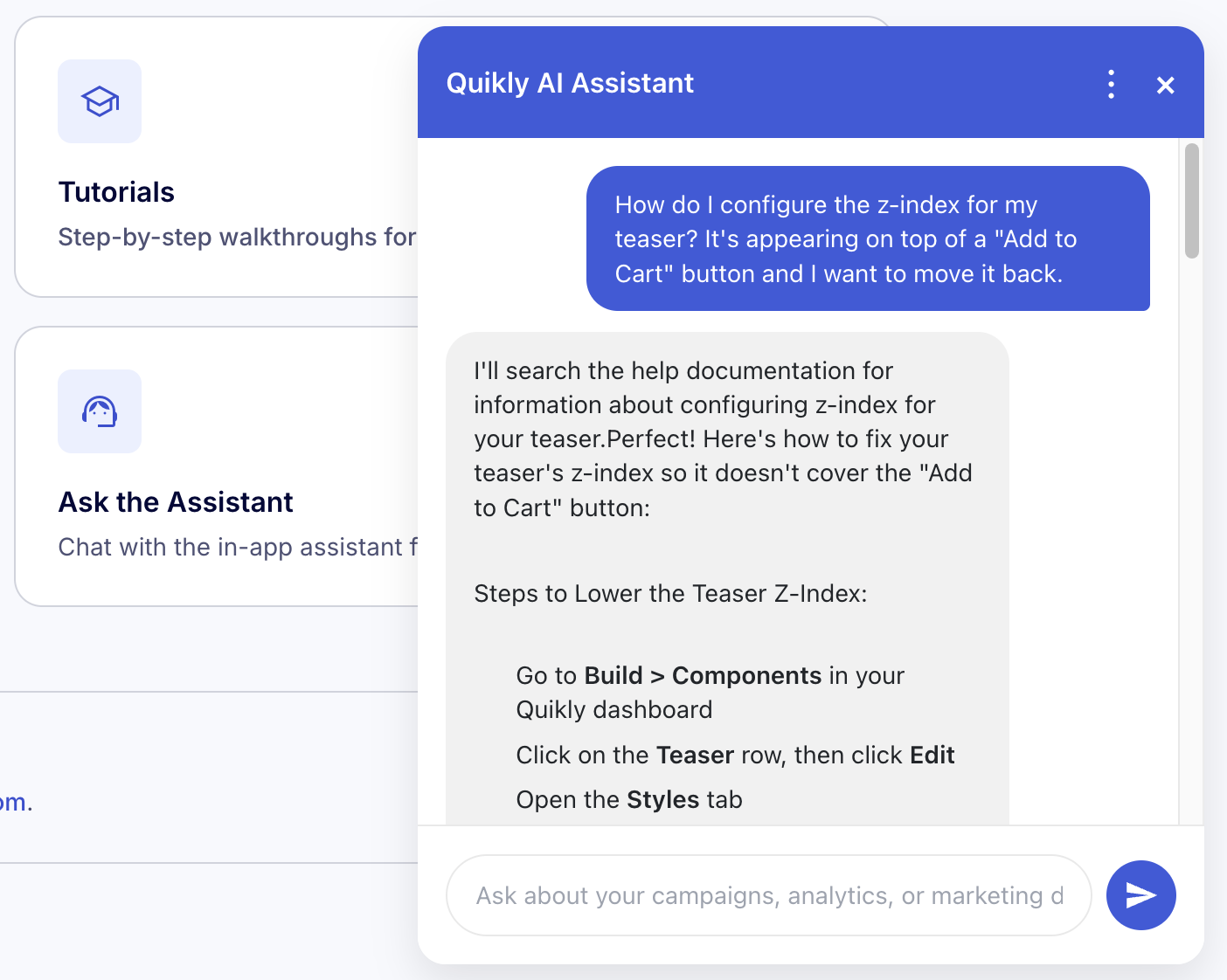 The Quikly Assistant answering a question with citations from the help docs