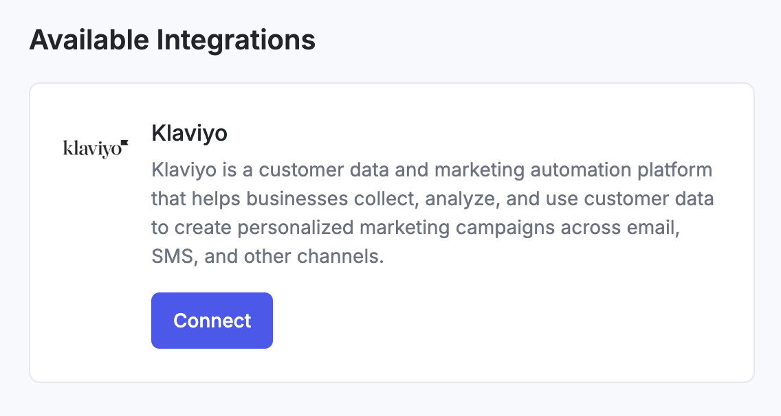 Available Integrations showing Klaviyo with Connect button