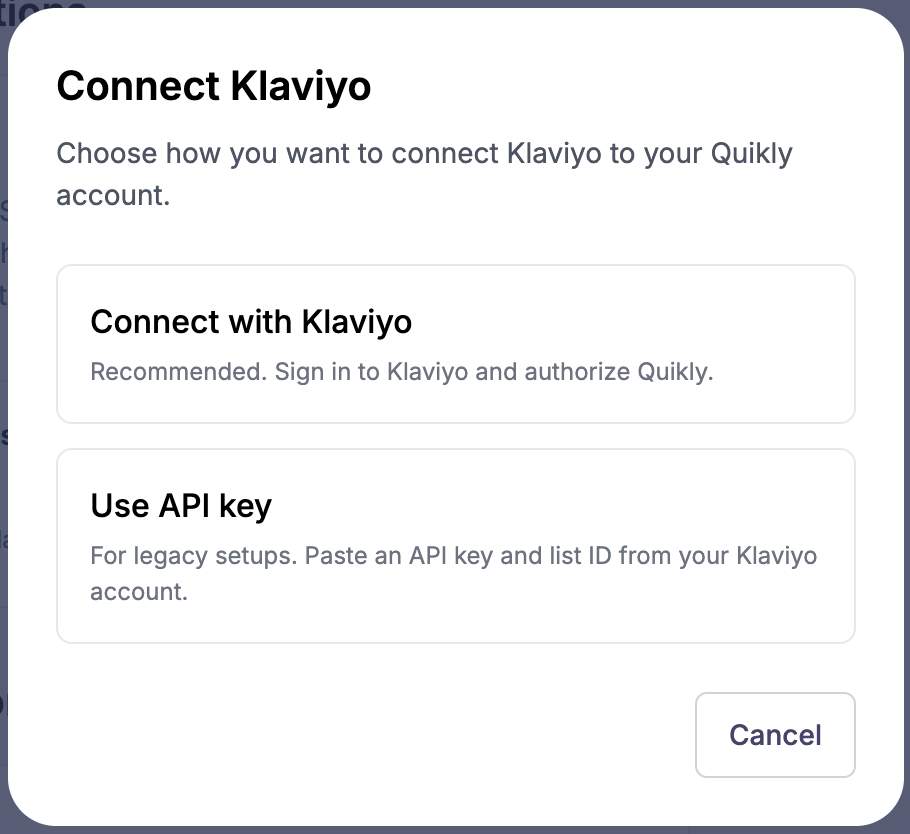 Klaviyo connection modal with Connect with Klaviyo option