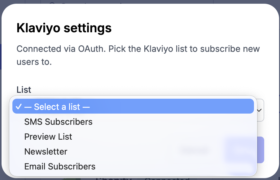 Selecting a Klaviyo list to sync contacts to