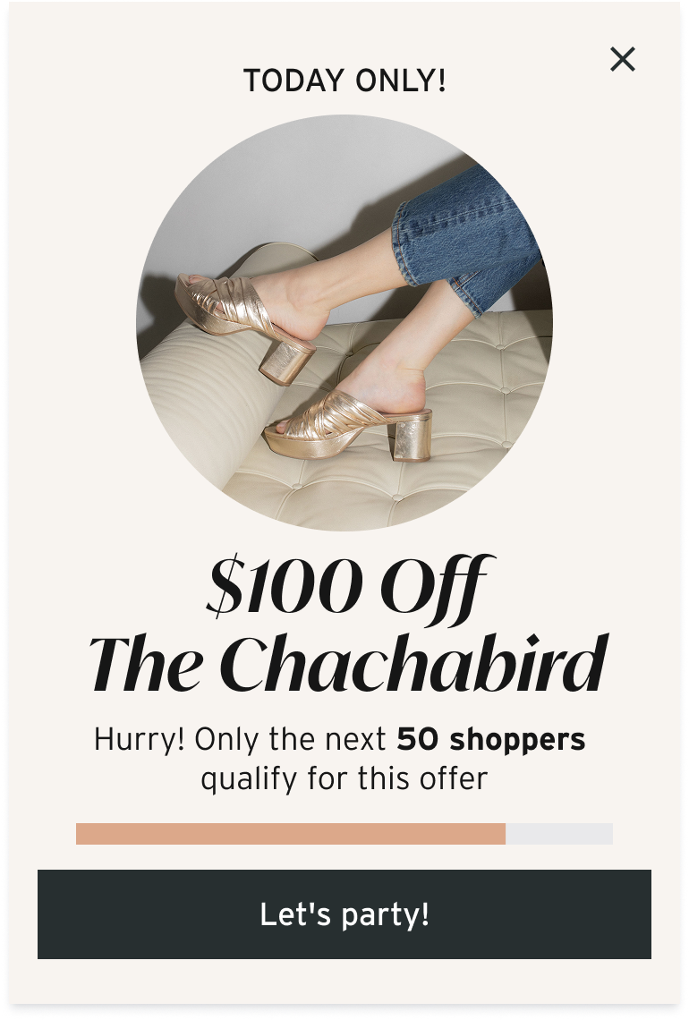 Beek campaign promoting The Chachabird shoe at $100 off, today only, capped at the next 50 shoppers