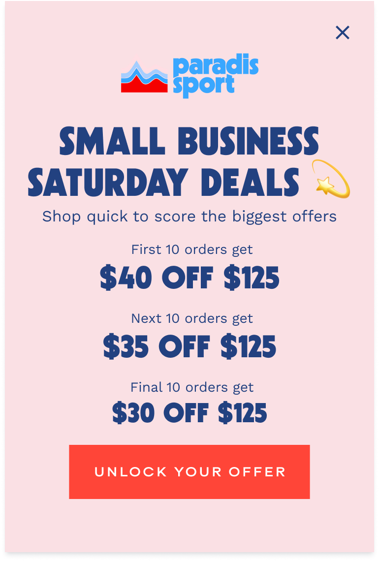 Variant A — tiered dollar-off offer: first 10 orders get 40 dollars off, next 10 get 35 dollars off, final 10 get 30 dollars off, on a 125 dollar minimum