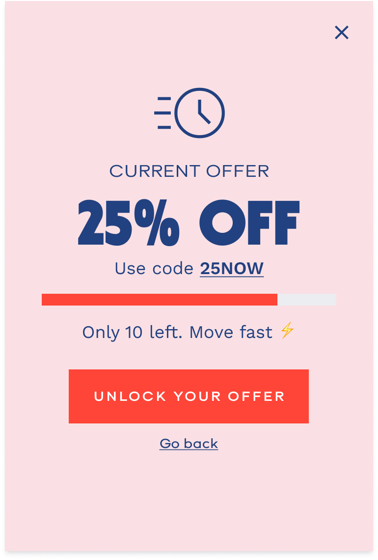 Variant B — flat 25 percent off promo code with a quantity countdown, only 10 left