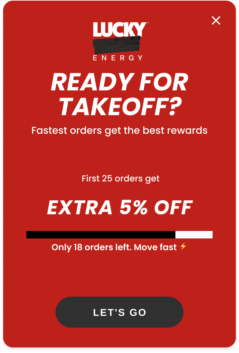 Lucky Energy stacked bonus campaign — fastest orders get the best rewards, first 25 orders get an extra 5 percent off, only 18 orders left