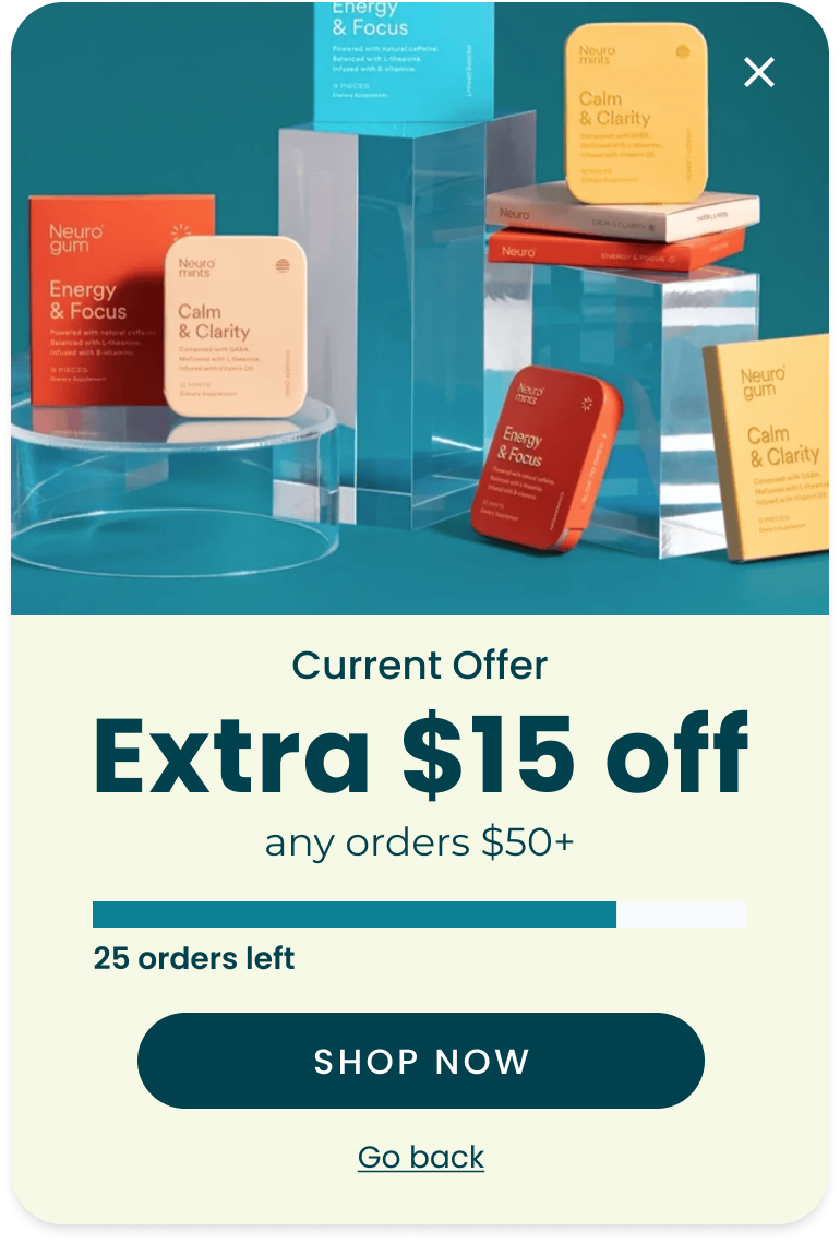 Neuro limited-time offer with three tiered discounts — first 50 orders get 15 dollars off, next 50 get 10 dollars off, final 25 get 5 dollars off