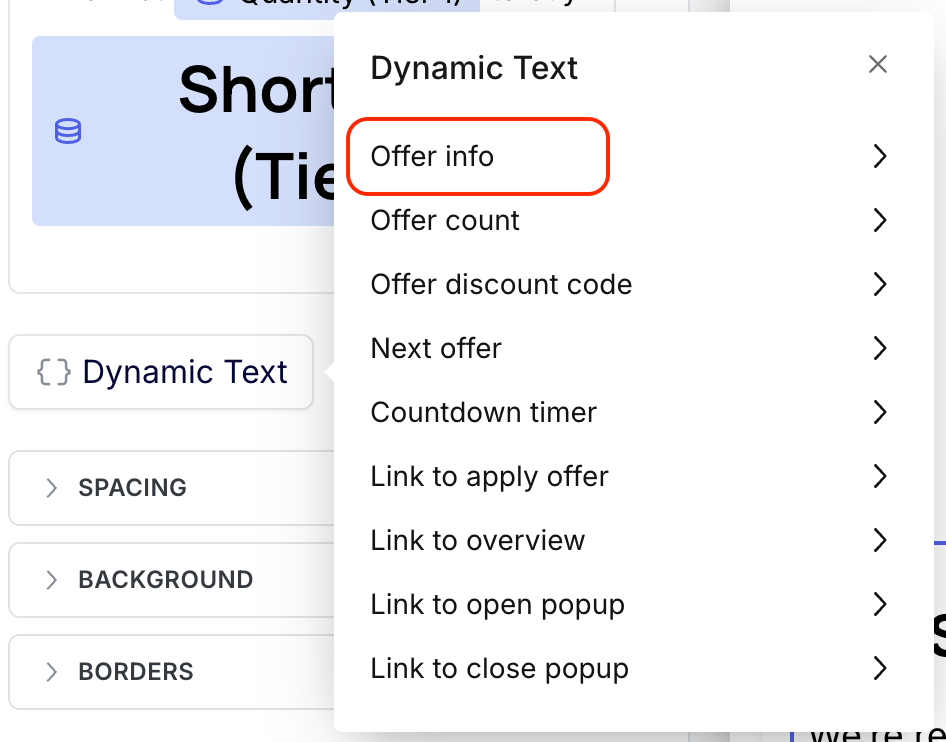 Dynamic Text menu showing Offer info, Offer count, and other dynamic text types