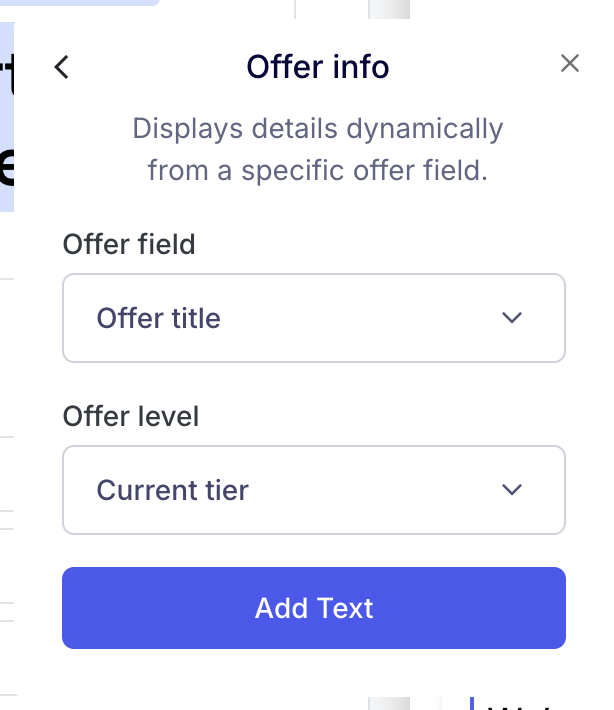 Offer info panel with Offer field and Offer level dropdowns and an Add Text button