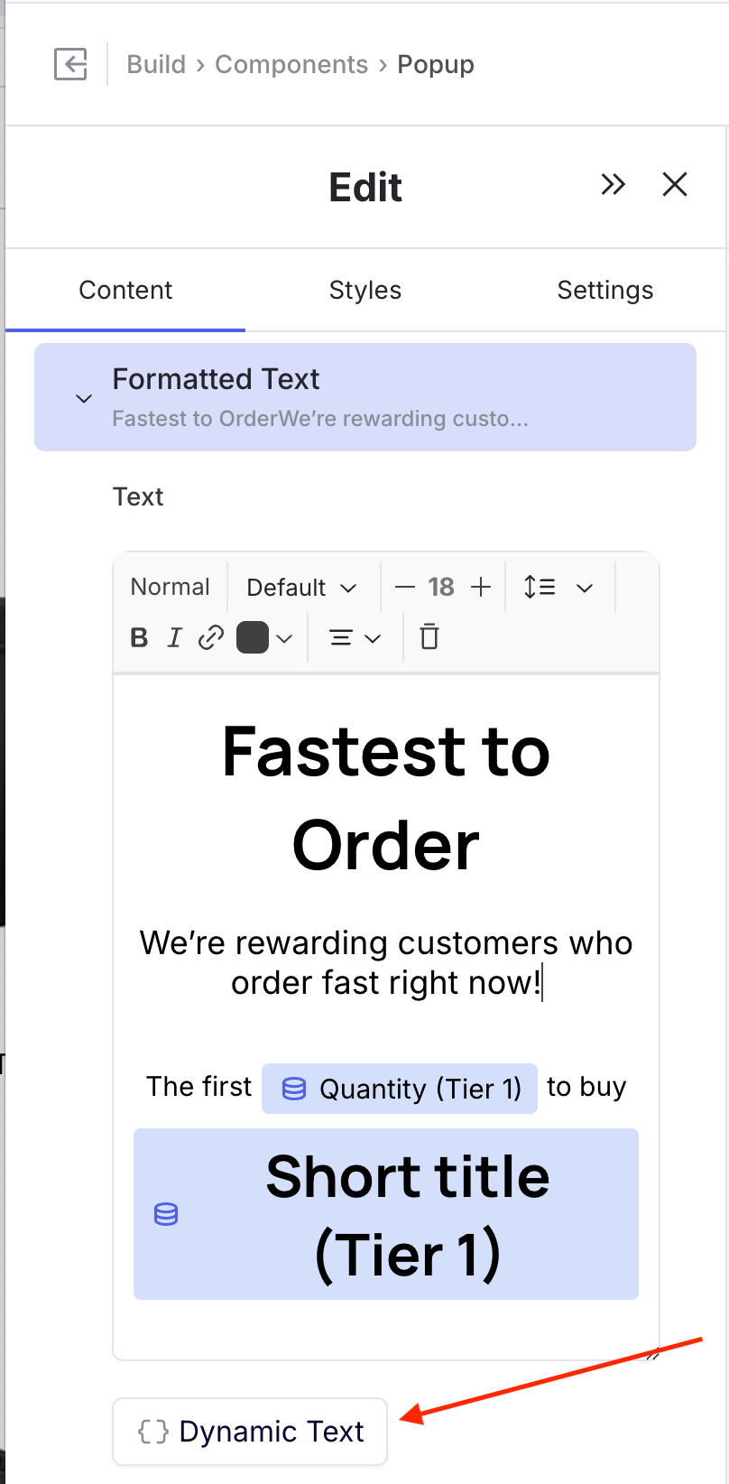 The Formatted Text editor with the Dynamic Text button below it and inserted offer tokens shown inline