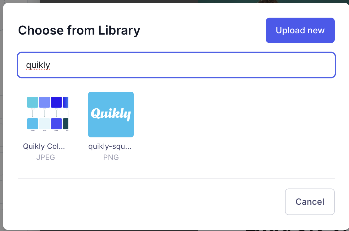 Choose from Library window with image thumbnails, a search field, and an Upload new button