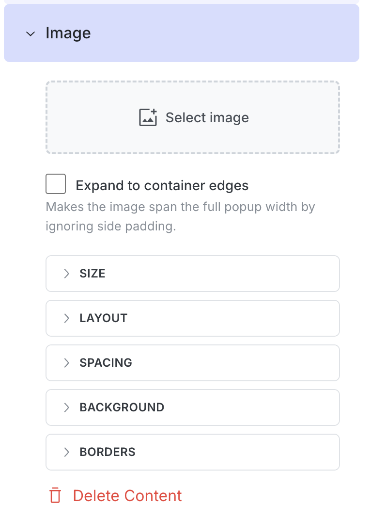 Image content panel with Select image, Expand to container edges, and Size/Layout/Spacing/Background/Borders sections