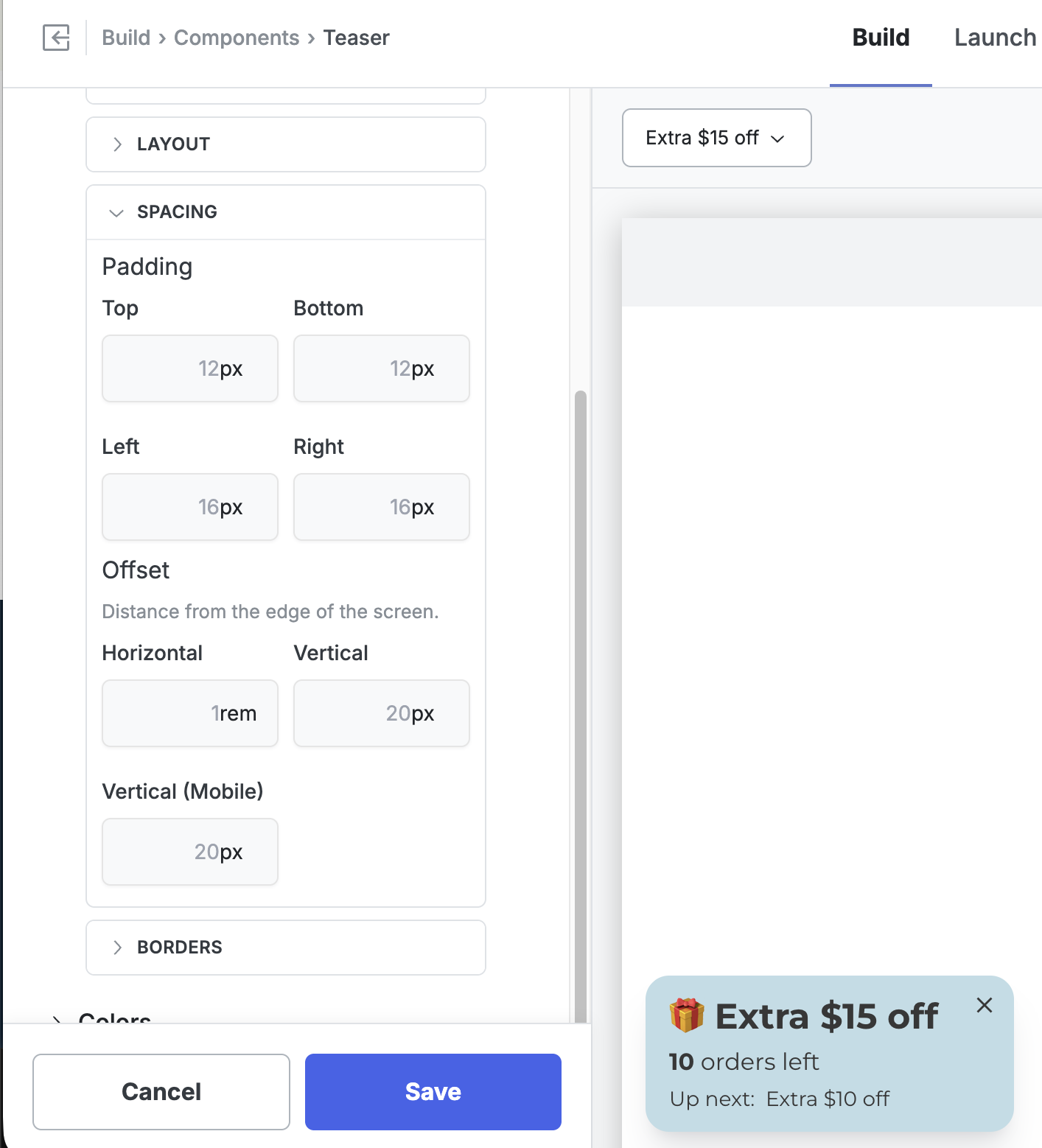 Spacing section showing Offset fields for Horizontal, Vertical, and Vertical (Mobile)